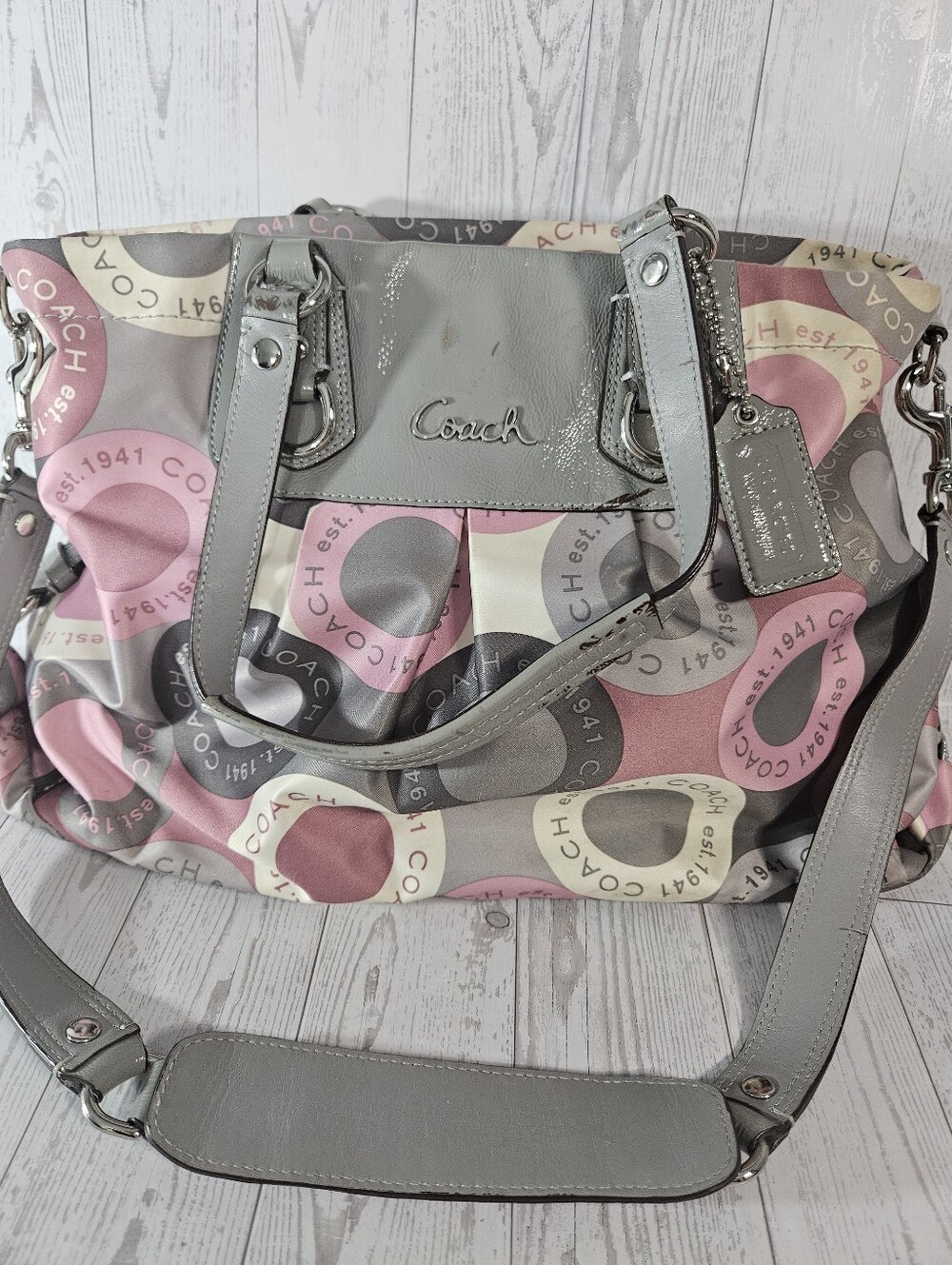 Coach Ashley Snap Satchel Handbag C1173 F5504 Large Tote Pink Gray Logo Satin - Picture 2 of 13